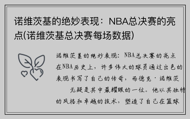 诺维茨基的绝妙表现：NBA总决赛的亮点(诺维茨基总决赛每场数据)