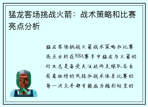 猛龙客场挑战火箭：战术策略和比赛亮点分析