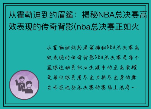 从霍勒迪到约眉鲨：揭秘NBA总决赛高效表现的传奇背影(nba总决赛正如火如荼地进行)