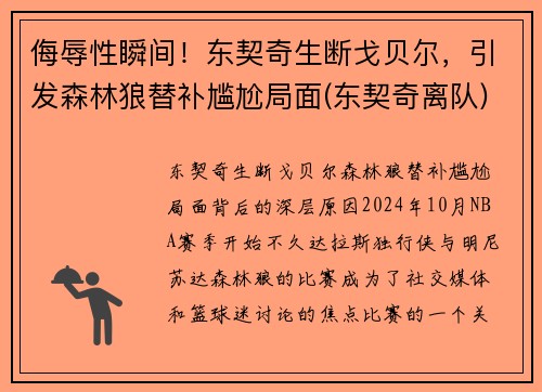 侮辱性瞬间！东契奇生断戈贝尔，引发森林狼替补尴尬局面(东契奇离队)