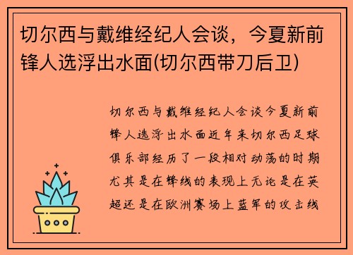 切尔西与戴维经纪人会谈，今夏新前锋人选浮出水面(切尔西带刀后卫)